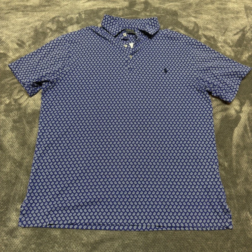 Polo Ralph Lauren Mens Blue Paisley Short Sleeve Cotton Polo Shirt Size LT